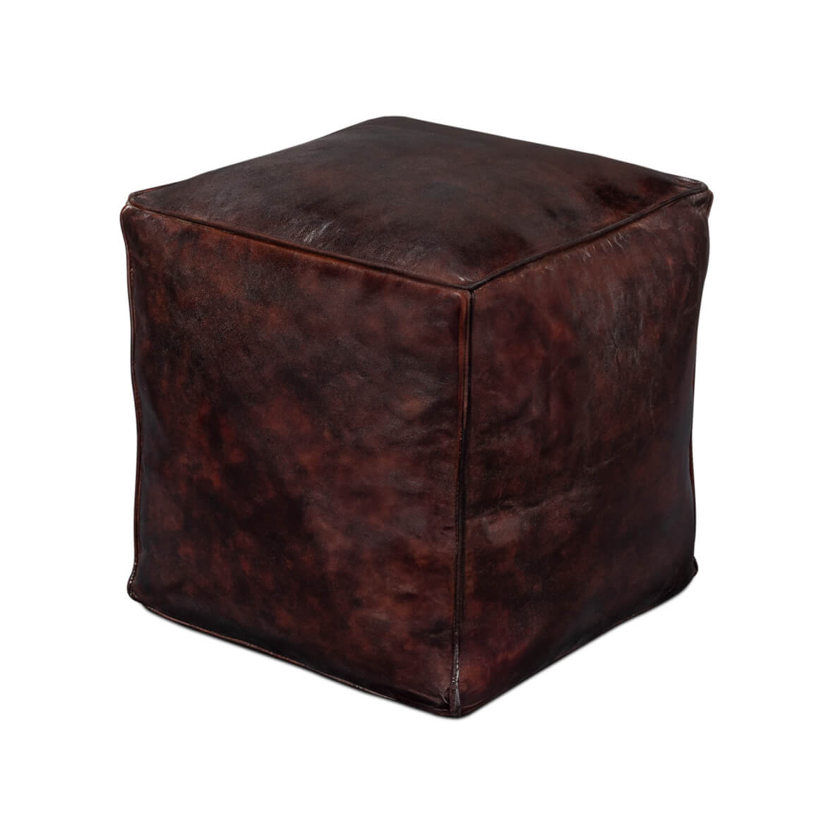 Dark brown leather cube stool angled view.