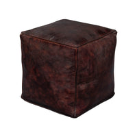 Dark brown leather cube stool angled view.