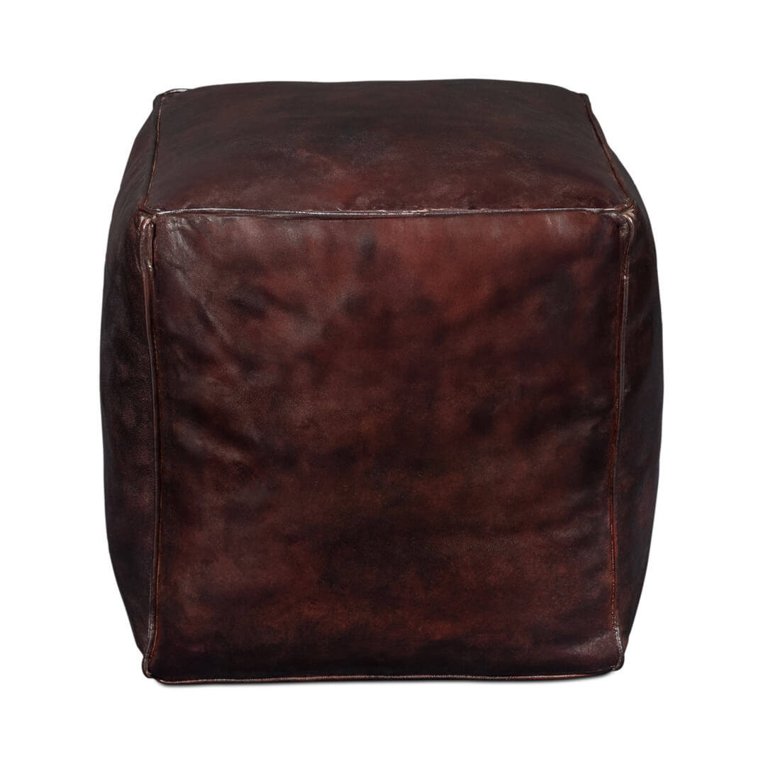 Another front view of dark brown leather cube stool.