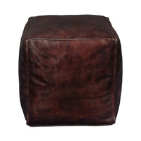 Another front view of dark brown leather cube stool.