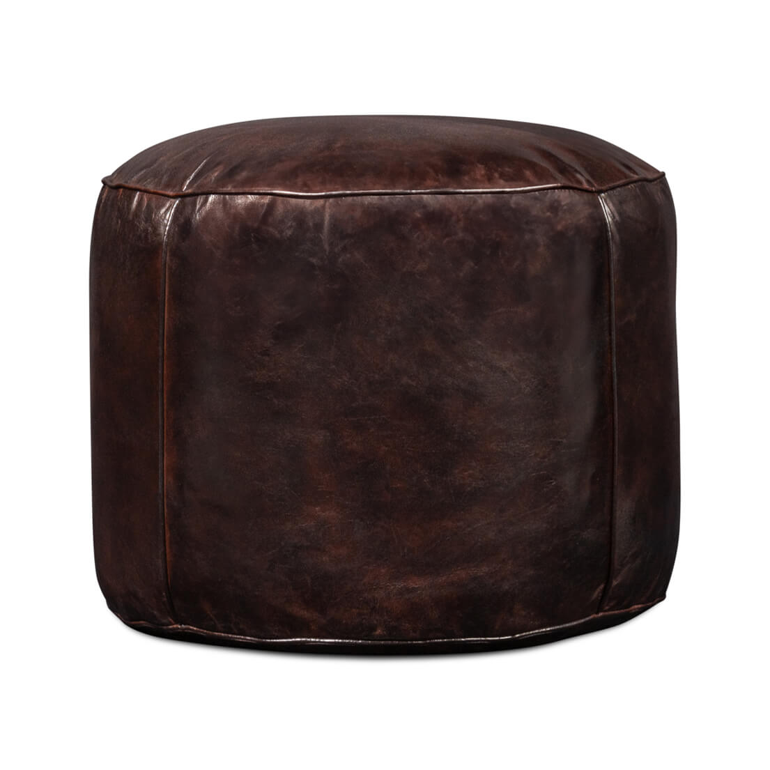 Full side view of round leather stool.