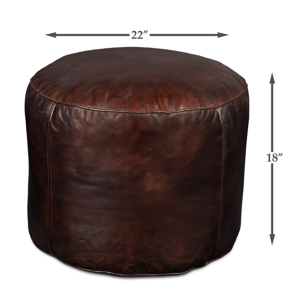 Leather stool with dimension markings.