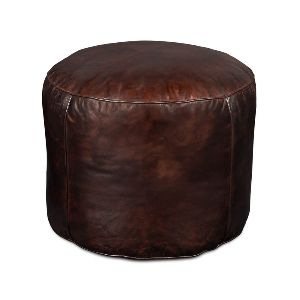 Dark brown round leather stool front view.