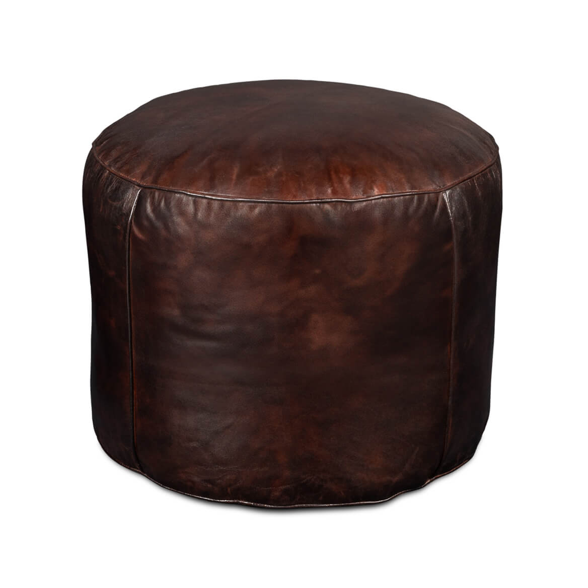 Dark brown round leather stool front view.