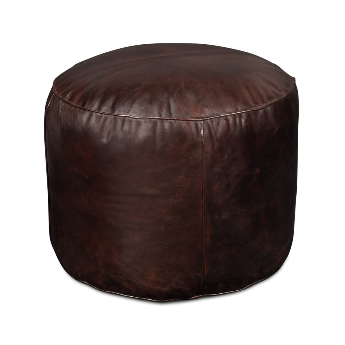 Round leather stool side perspective.