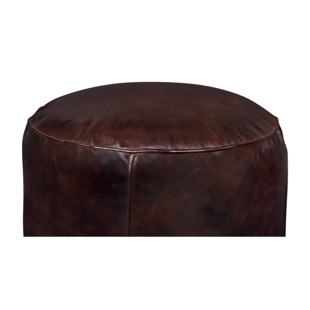 Close-up front view of leather stool.