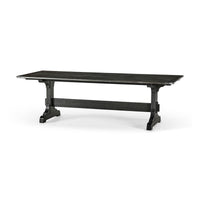 Dark wood dining table, side angle view.
