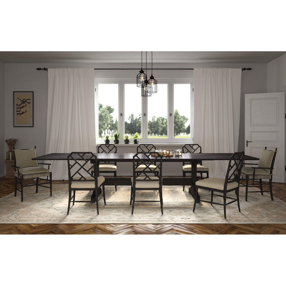 Dining table with chairs, staged in dining room.