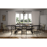 Dining table with chairs, staged in dining room.