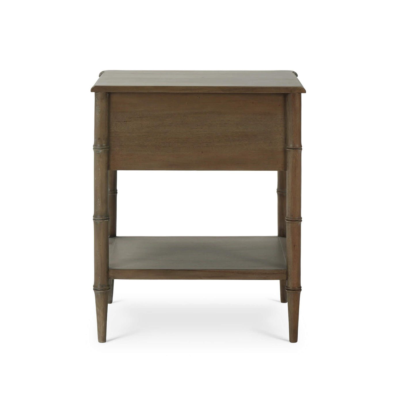 Faux bamboo end table back view details.