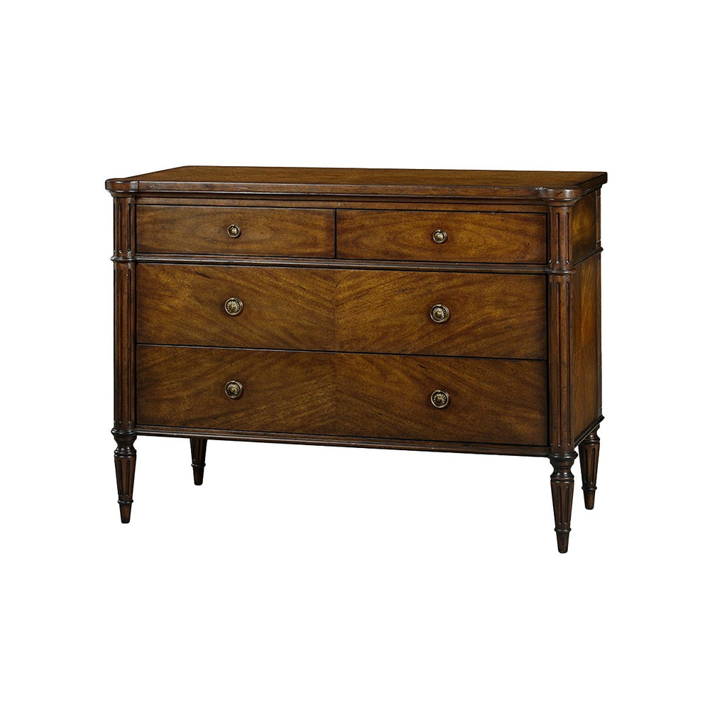 Dark French Louis XVI commode, angled view with drawers closed.