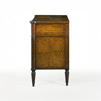 Dark French Louis XVI commode, side view detailing wood finish.