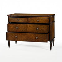 Dark French Louis XVI commode, displaying open drawers.