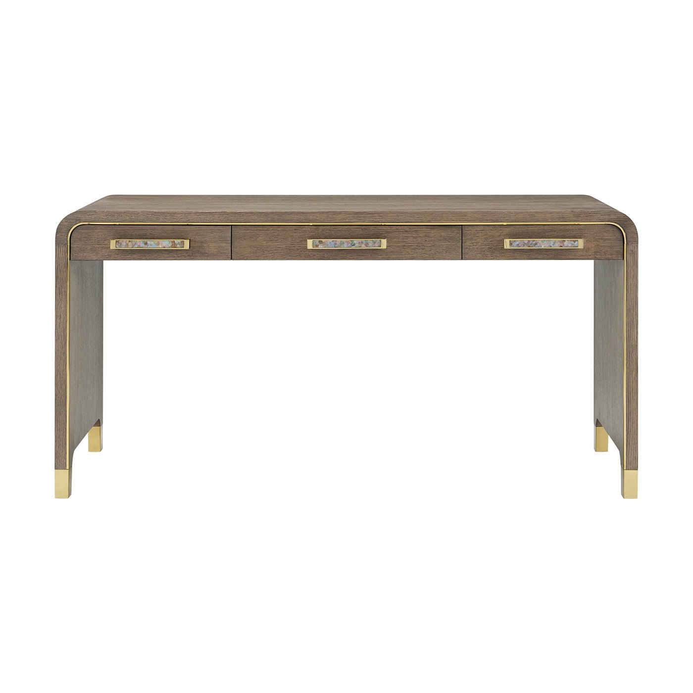 Front view of desk showing drawer details and design.