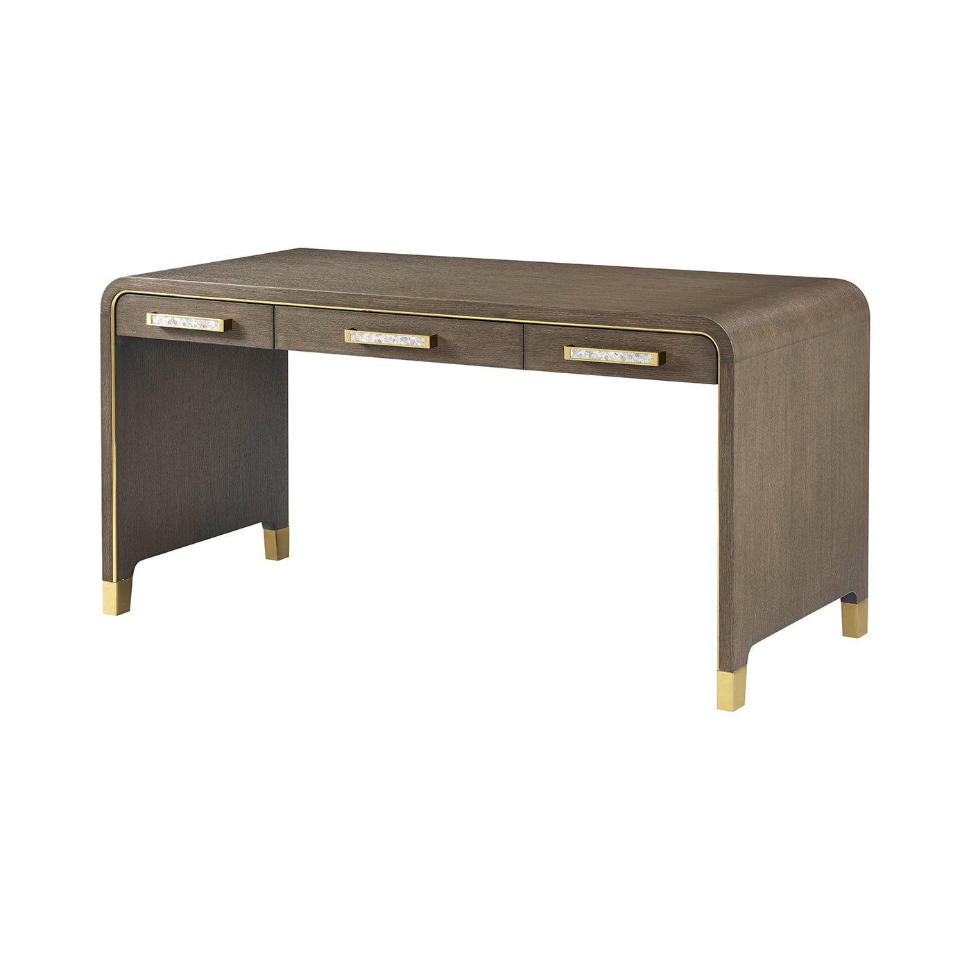 Dark wood desk with brass accents, three drawers, isolated.