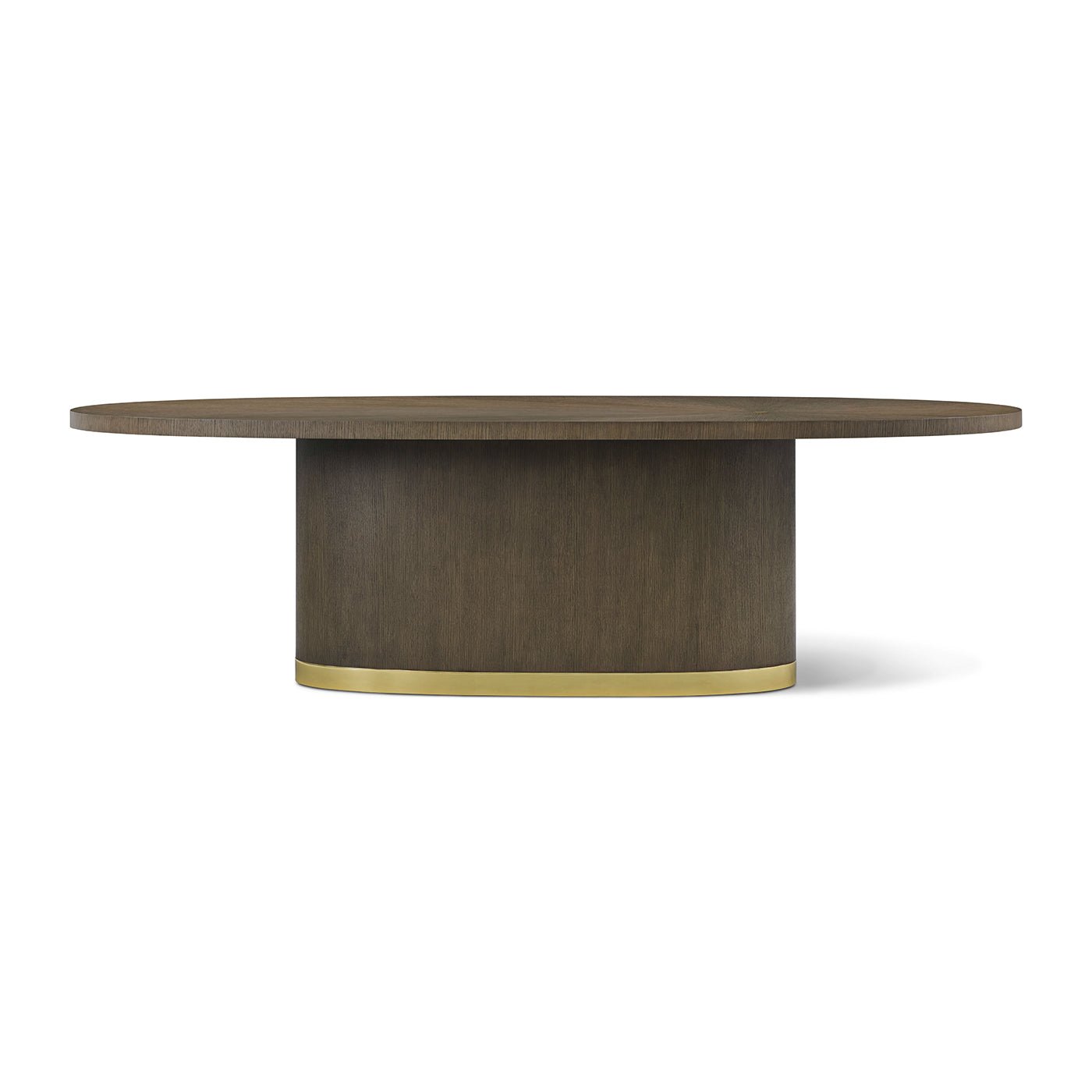 Front view of oval dining table with brass detail.
