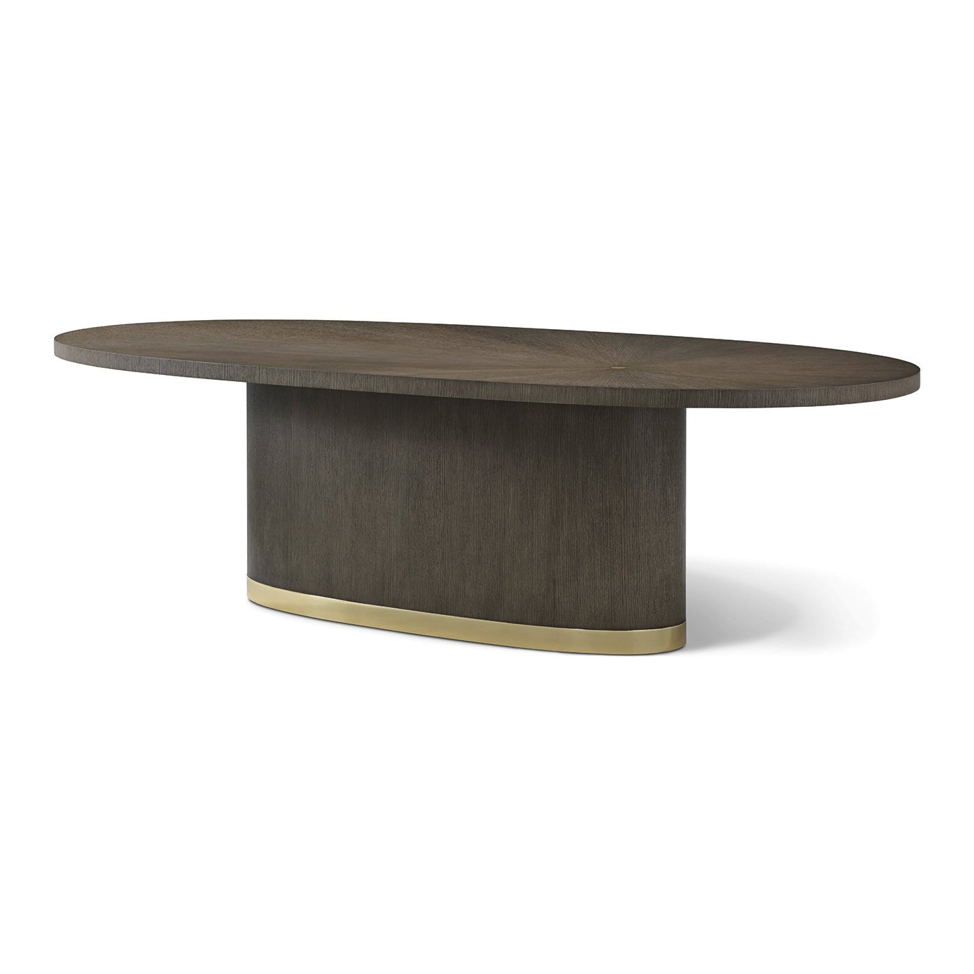 Dark wood oval dining table, side view.