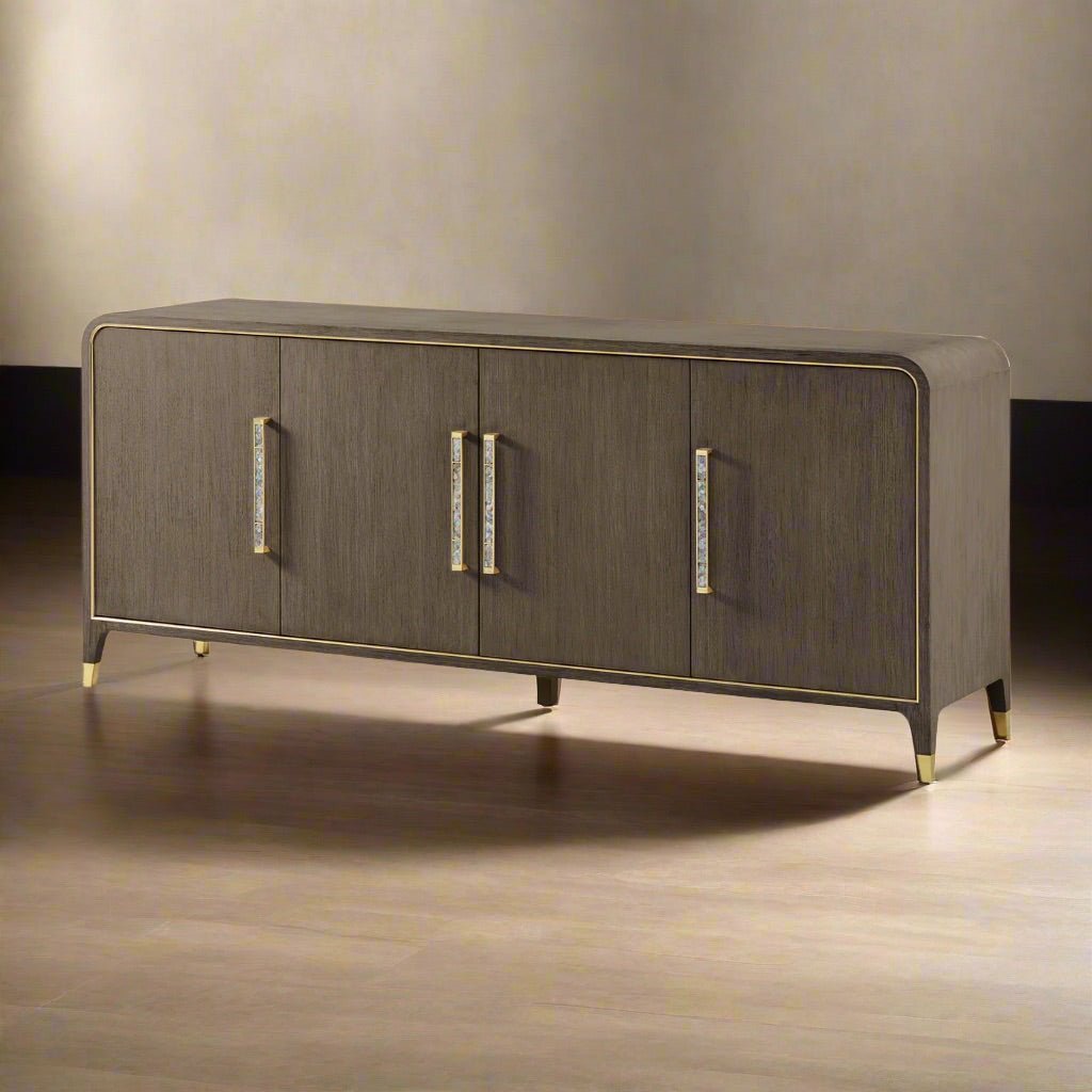 Luxurious sideboard buffet displayed in lighting, side perspective.