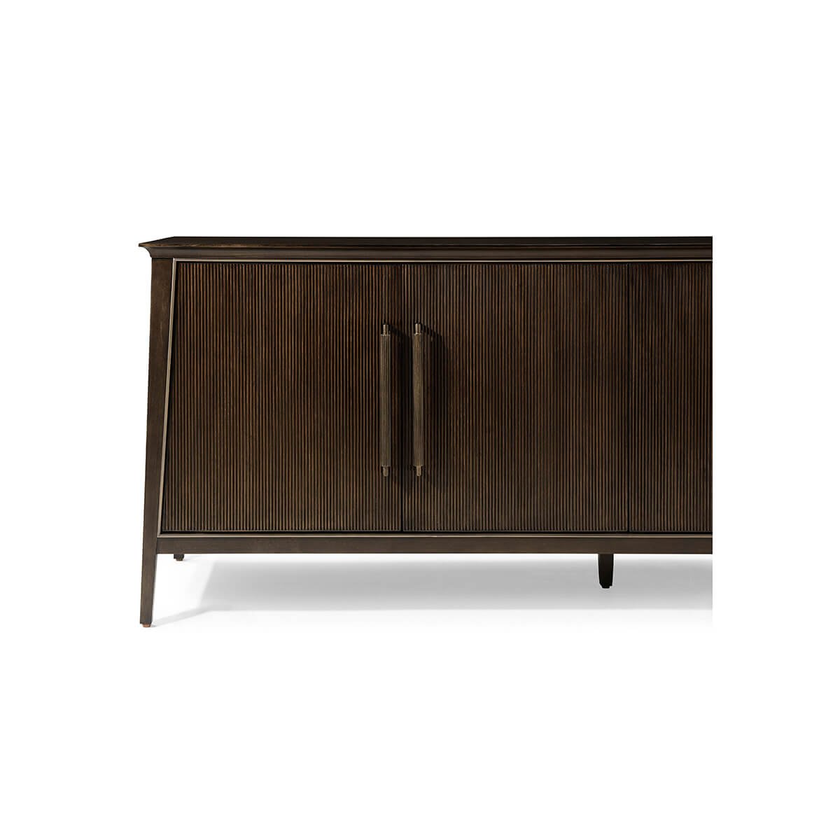 Close-up of dark mid-century credenza front with handles.