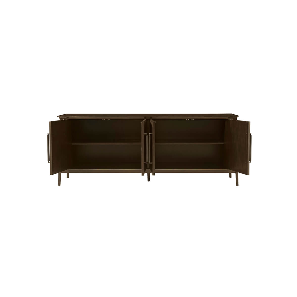 Open doors of dark mid-century credenza showing shelves.