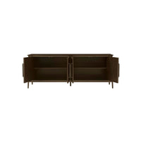 Open doors of dark mid-century credenza showing shelves.