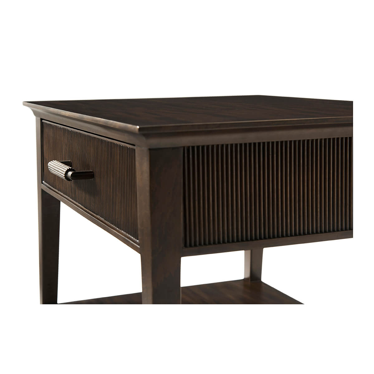 Close-up of nightstand drawer and handle design.