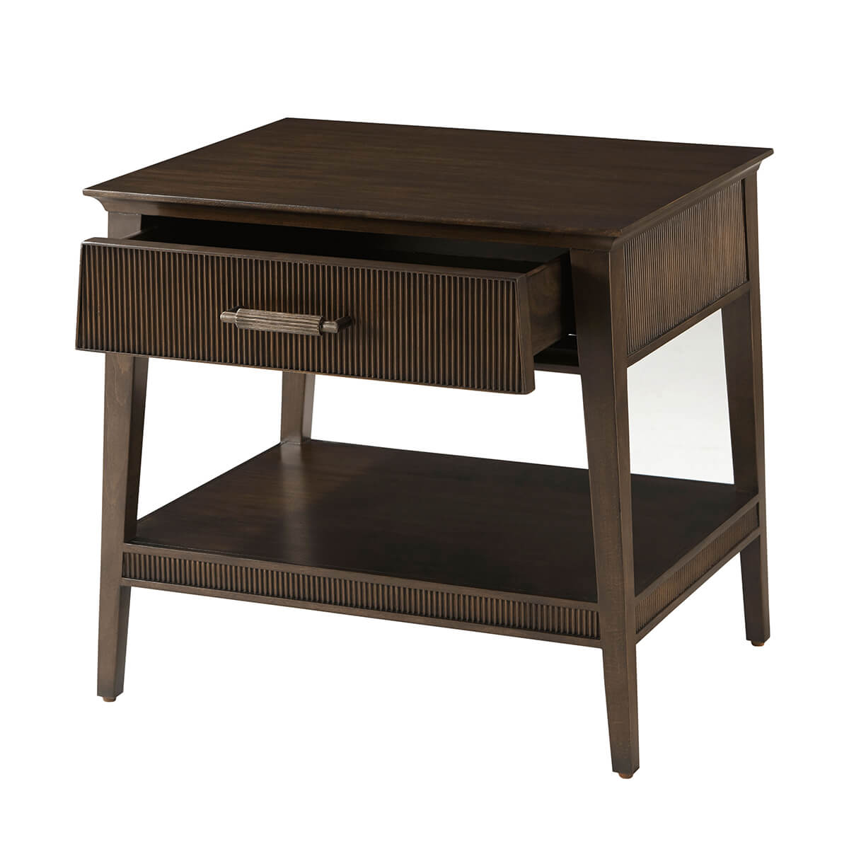 Dark mid-century nightstand side view with open drawer.