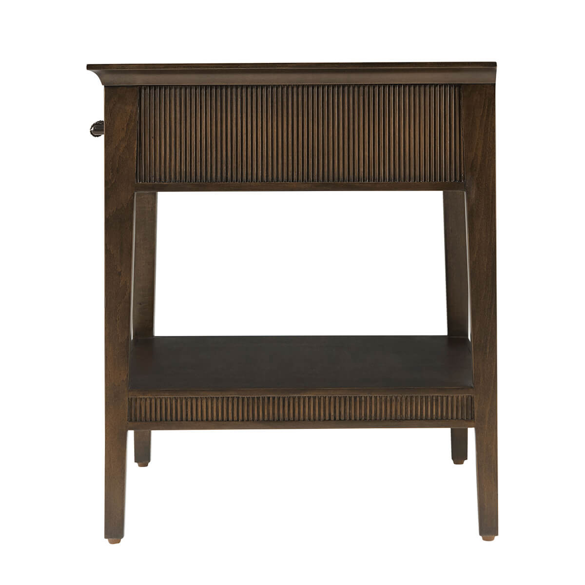 Side view of dark mid-century nightstand with drawer detail.