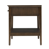 Side view of dark mid-century nightstand with drawer detail.