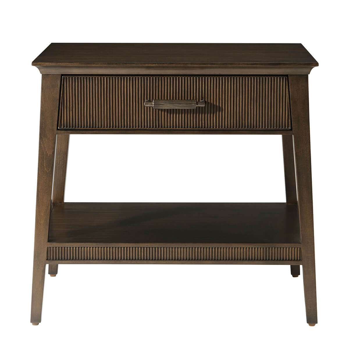 Front view of dark mid-century nightstand with closed drawer.