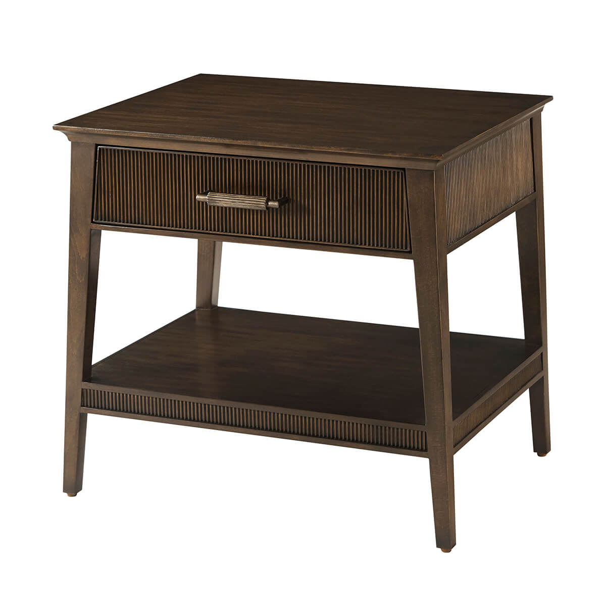 Dark mid-century nightstand angled view with closed drawer.