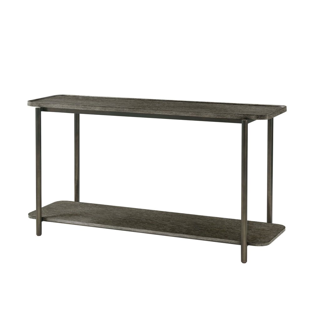 Dark oak console table front view, modern design.
