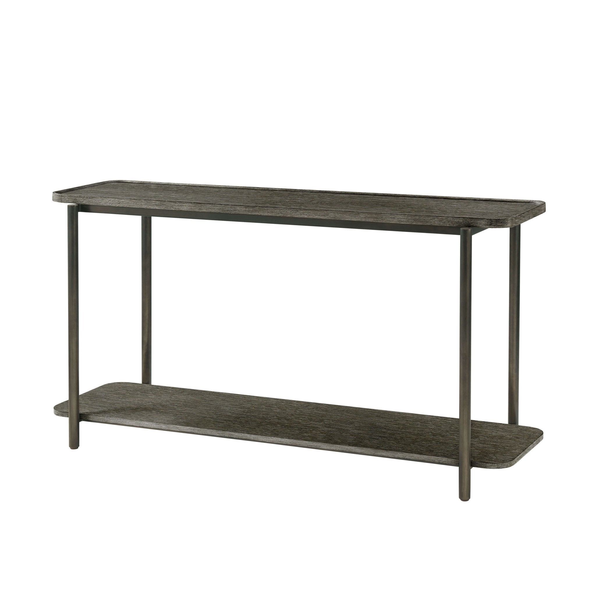 Dark oak console table front view, modern design.