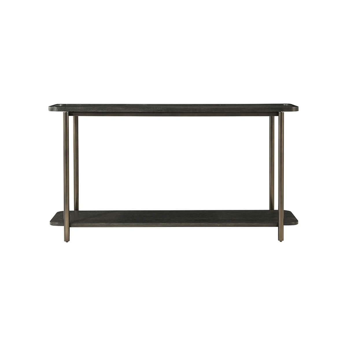Front view of dark oak console table, dual shelves.