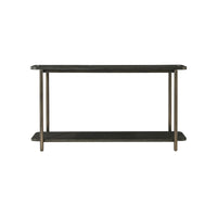 Front view of dark oak console table, dual shelves.