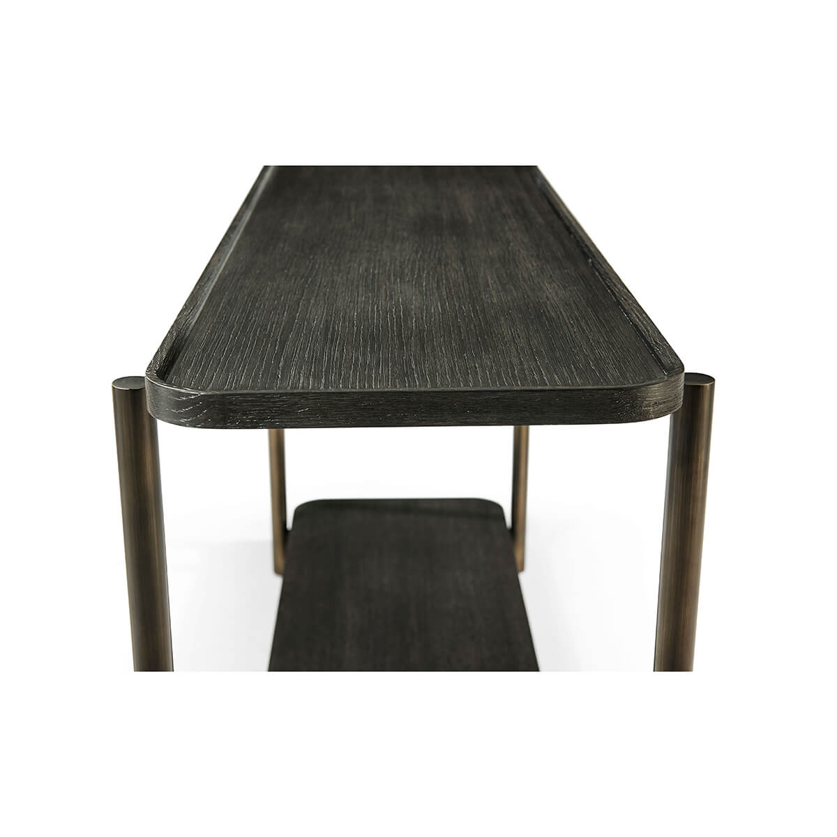 Close-up of dark oak console table corner detail.