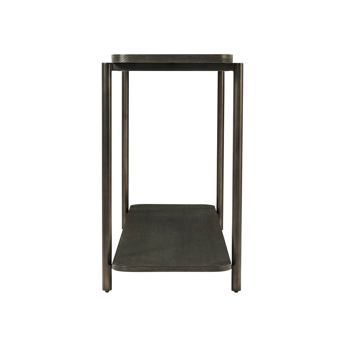 Side view of dark oak console table structure.