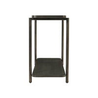 Side view of dark oak console table structure.