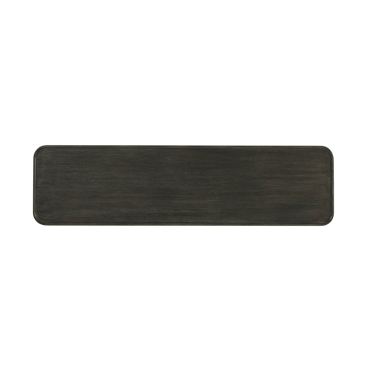 Top view of dark oak console table surface.