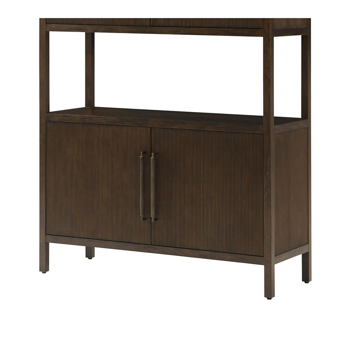 Lower storage unit of dark modern bookcase.