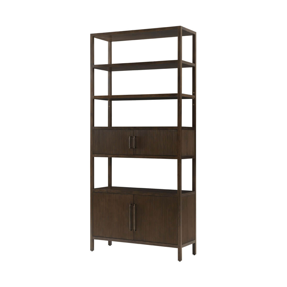 Tall dark wood open bookcase with storage shelves.