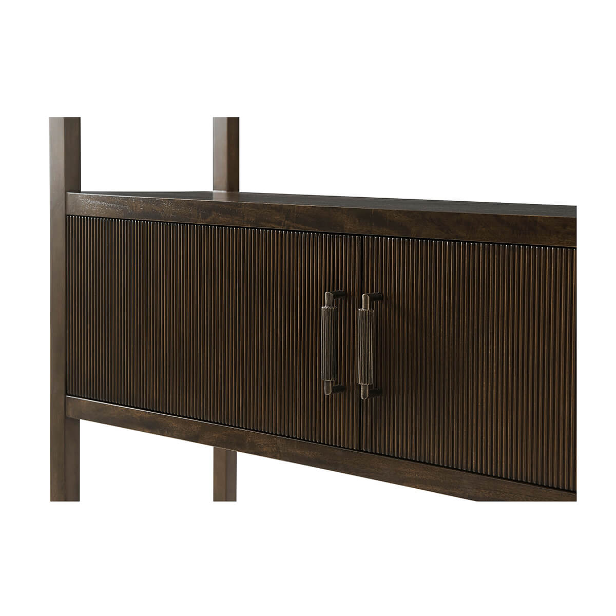 Close-up of cabinet doors on dark bookcase.