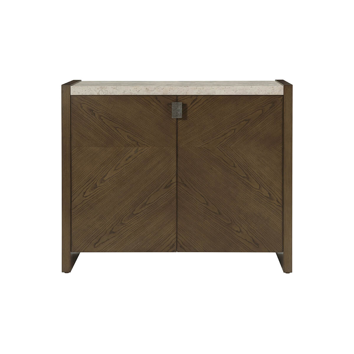 Front close-up of dark modern storage console cabinet.