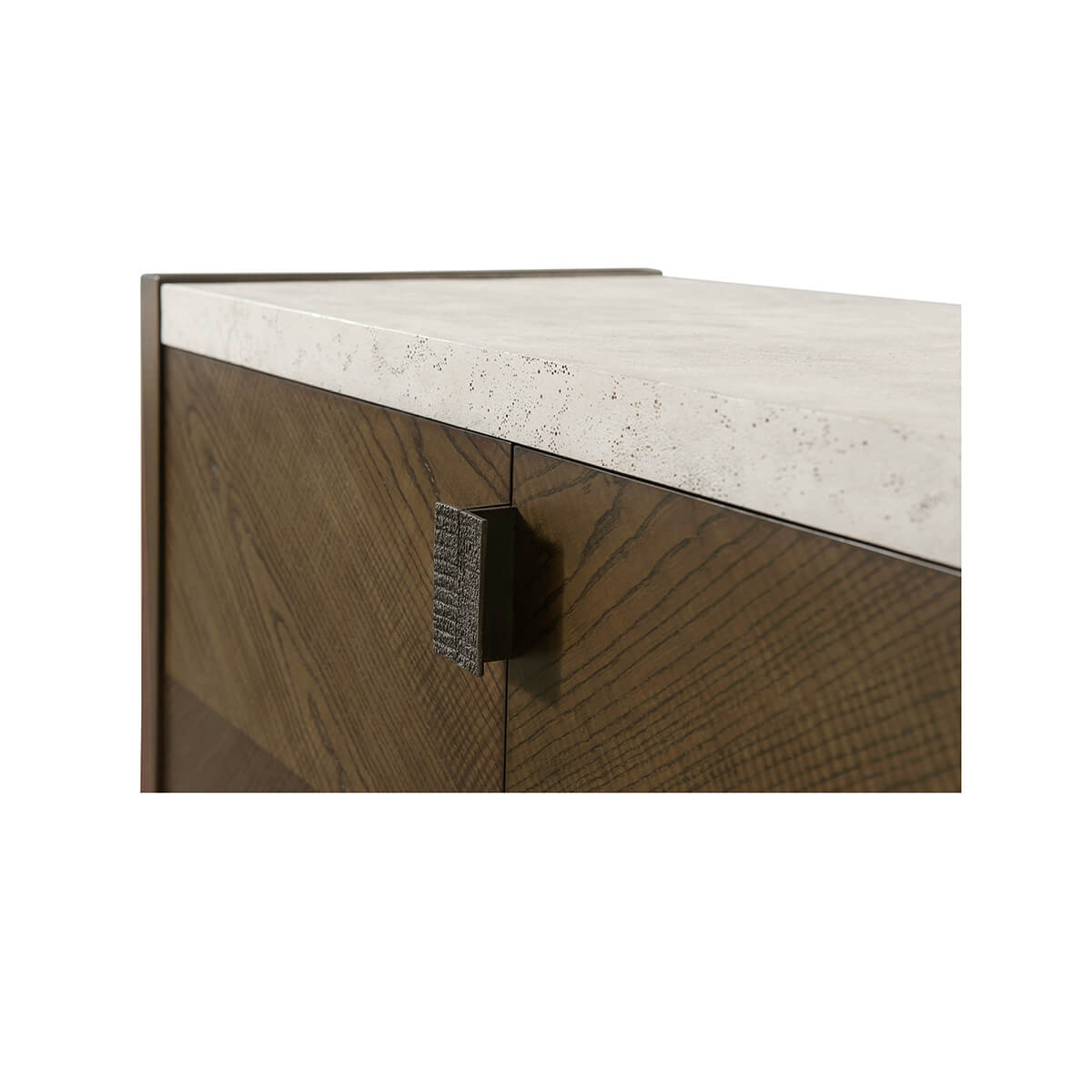 Top corner detail of dark modern storage console.