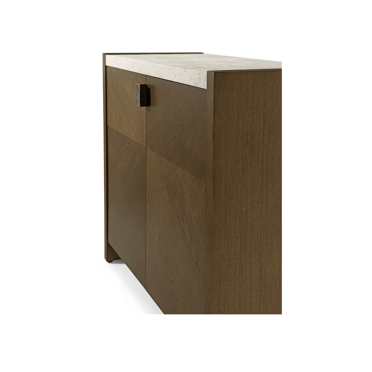Angled perspective of dark modern storage console cabinet.