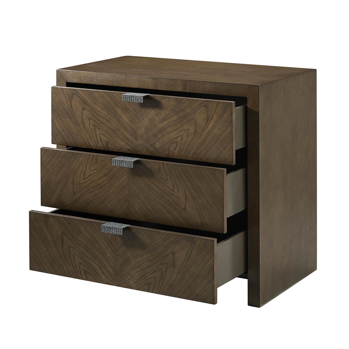 Open drawers of dark modern nightstand, side view.
