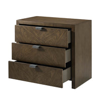 Open drawers of dark modern nightstand, side view.