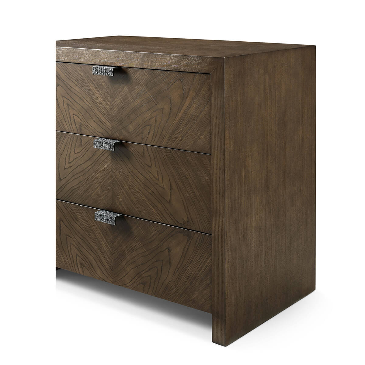 Three-drawer modern nightstand, side angle perspective.