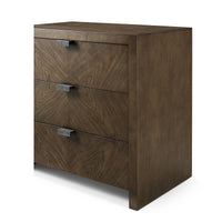 Three-drawer modern nightstand, side angle perspective.