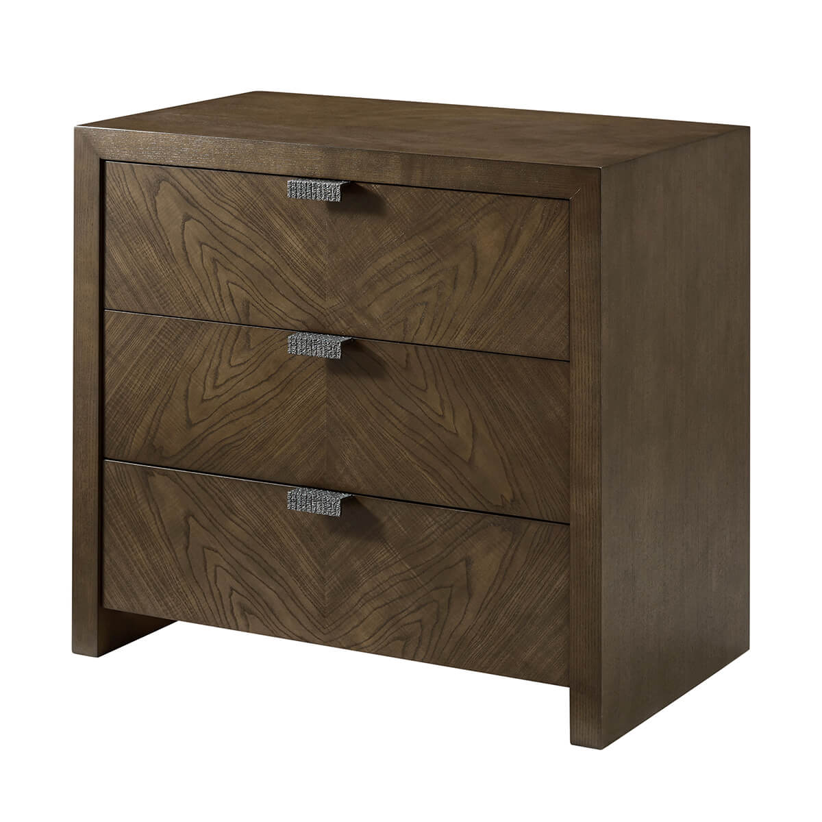 Dark modern nightstand with three drawers, front angle view.